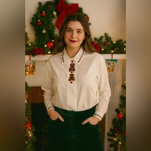 Vintage / Retro KAREN SCOTT Cotton Rich- Christmas Teddy Bear Blouse. Large